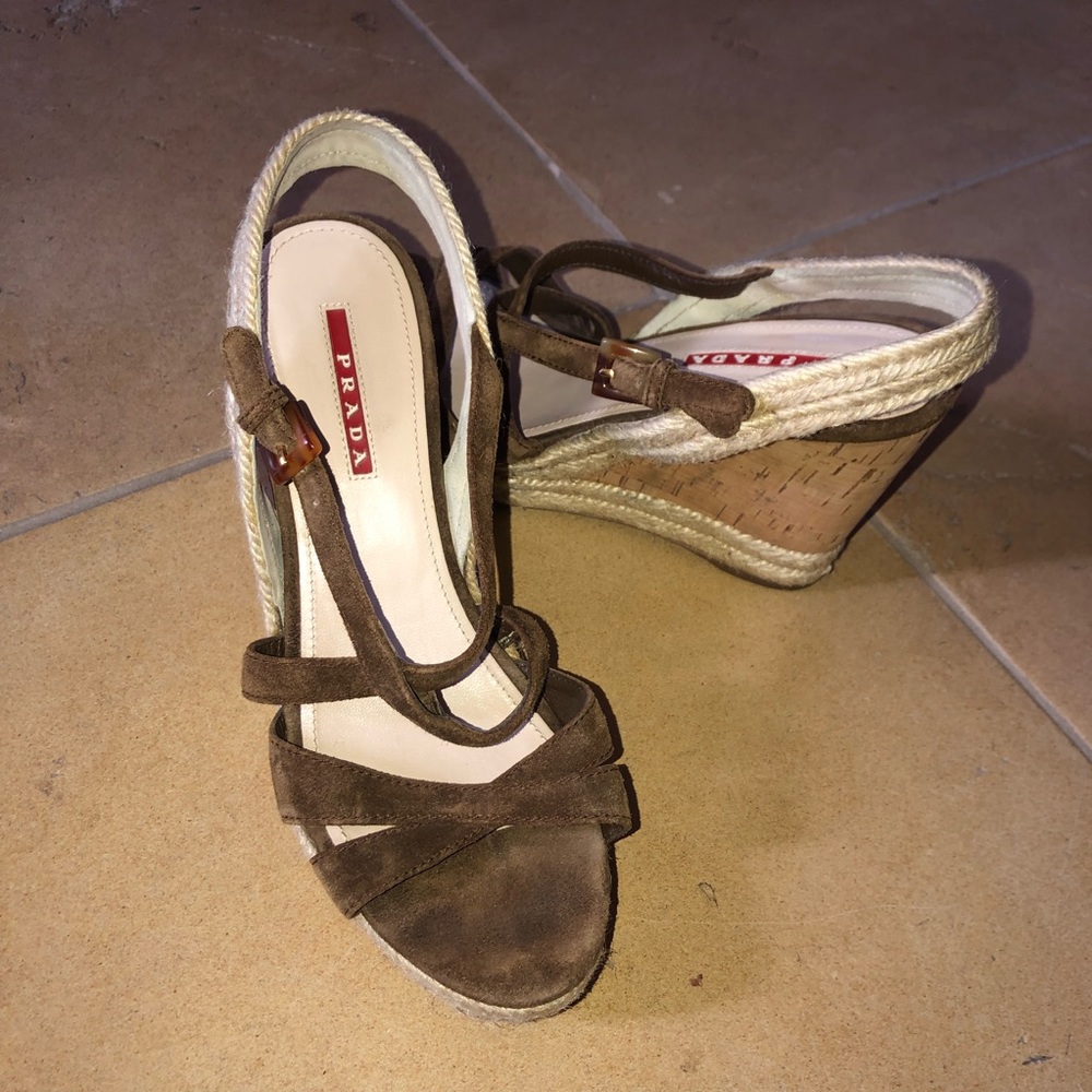 Prada brown cork summer wedges